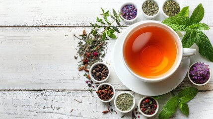 White cup of tea and different herbs on a white