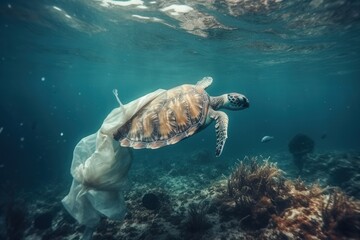 Obraz premium A sea turtle swims through ocean waters, entangled with plastic waste, highlighting the impact of pollution on marine life.
