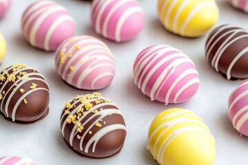 Obraz premium Assorted Swirled Chocolate Easter Eggs in White, Milk, and Dark Patterns on Clean White Background