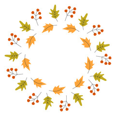 Multicolored Autumn leaves Circular Frame border Thanksgiving Day Greeting Copy space Template idea