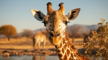 Obraz premium Alone Sootn African giraffe, Giraffa giraffe, drinking from waterhole again dramatic sunset