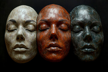 Three Unique Faces Latex Mask on Black Background &ndash; Stock Photo