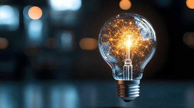 Conceptual art depicting a transparent light bulb filled with a galaxy of bright interconnected ideas symbolizing limitless creativity intelligence and groundbreaking business strategies
