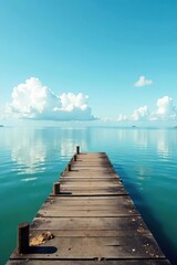 Fototapeta premium Weather-beaten dock extending over calm water, sitting, grey, edge