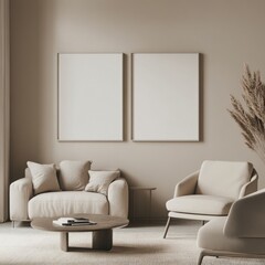 Minimalist living room with beige sofa, armchairs, and two blank frames.