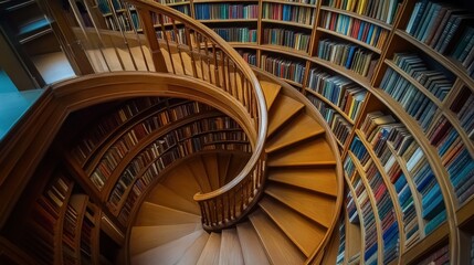 Fototapeta premium An intricate wooden spiral staircase in a library, showcasing the beauty of craftsmanship and the allure of books.