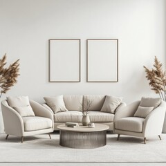 Minimalist living room with beige sofa, armchairs, coffee table, and pampas grass.