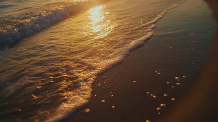 Golden sunset ocean wave gently lapping shore, beach background, travel