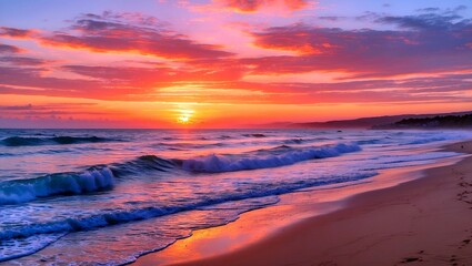 Vibrant sunset over tranquil beach with golden sand