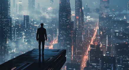 Obraz premium Night Cityscape: A lone figure contemplates a futuristic metropolis bathed in the glow of neon lights, a scene of both wonder and isolation.