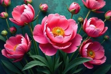 Fototapeta premium Bold blooming peony & poppy repeat, vibrant hues, repeating, graphics, pattern