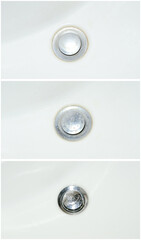 Collage of Cleaning the bathroom sink before in the process and after. Cleaning the dirt in the white washbasin. Dirty and clean drain in the sink.
