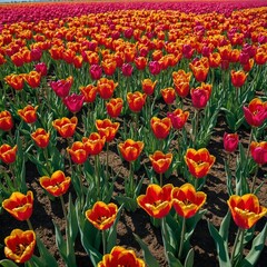 A vast field of vibrant tulips in full bloom under a bright blue sky.