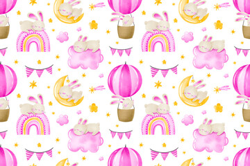 Watercolor seamless pattern cute rabbit and hot air balloons. Bunny in sky, clouds, rainbow, moon, stras. Pinky girl Baby holiday, birthday. Infant hand drawn illustration. Baby shower