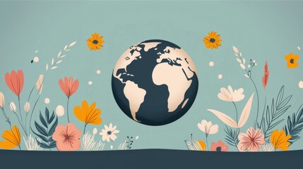 Vibrant floral elements surrounding a detailed globe showcasing the lush  diverse beauty of our natural world and the interconnectedness of the Earth s ecosystems