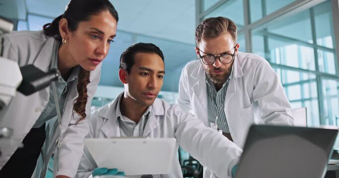 Teamwork, scientist or people on laptop for science breakthrough, clinical trial or discovery. Low angle, medical and checking results on technology for vaccine research, cure or development in lab
