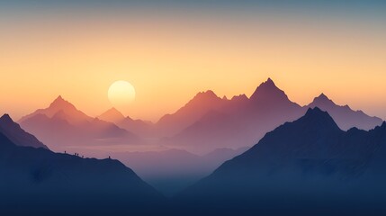 Obraz premium A sunrise over a mountain range, with climbers visible as tiny silhouettes against the peaks
