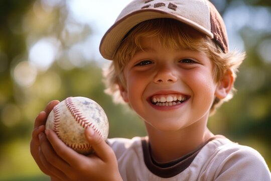 A young boy grips a baseball tightly in his hands, showcasing his excitement.