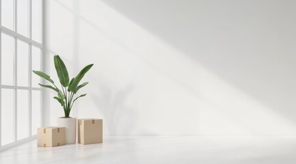 Cardboard Boxes and Houseplants in Bright Empty Room with Large Windows During Moving or Relocation