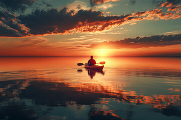 Serene Sunset Kayaking on a Tranquil Lake in Northwest Ontario, Canada