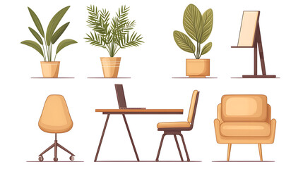Workplace Design: An assortment of stylish office furnishings and potted plants, embodying a modern, serene work environment.