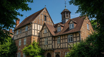Fototapeta premium Historic tudor style mansion with timber framing and brick exterior, elegant architecture with dormer windows and cupola, classic english countryside estate, heritage building preservation