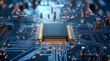 Close up view of a powerful microchip with intricate interconnected electronic circuits in a deep blue and black cyberpunk inspired design showcasing advanced technology and innovation