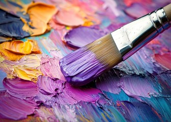 Obraz premium Applying Purple Paint with Brush on Colorful Oil Palette Texture