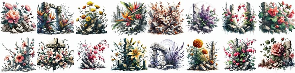 Fototapeta premium Flowers with cracked stones. Watercolor style. AI generated illustration