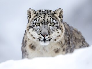 Fototapeta premium Snow leopard prowls through snowy landscape in winter, showcasing its striking fur and piercing gaze