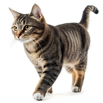 Striped tabby cat walking gracefully across a bright white background in a studio setting
