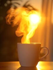 A white ceramic mug filled with hot beverage and rising steam