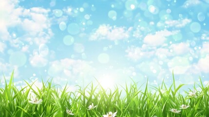 Fototapeta premium Beautiful spring or summer background with green grass and blue sky illustration