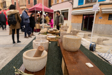 Handcrafted Stone Mortars at Outdoor Market