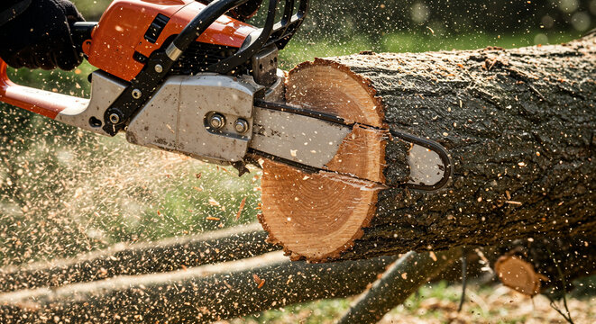 Chainsaw cutting through tree trunk, wood chips flying in action shot, forestry and logging equipment in use, powerful tool demonstrates industrial strength and precision