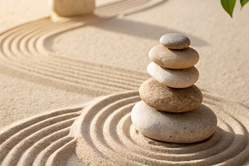 Finding inner peace in a serene zen garden with carefully balanced stones creating a tranquil atmosphere in soft sunlight.