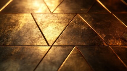 Golden triangular geometric pattern.  Detailed close-up view of a textured, golden surface composed of interlocking triangles.  