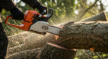 Chainsaw cutting through tree trunk, wood chips flying, professional logging and forestry work, industrial timber harvesting and environmental management
