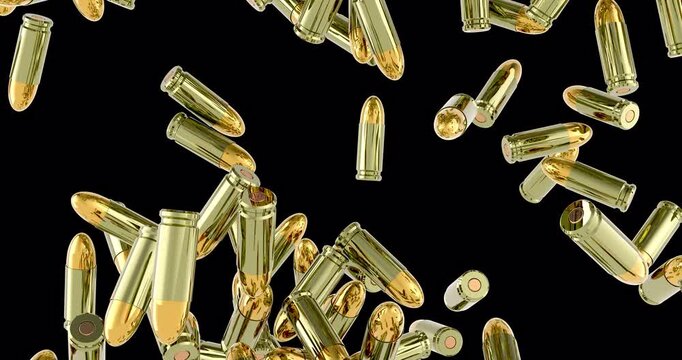 Pistol bullets falling down. 3D animation on transparent background
