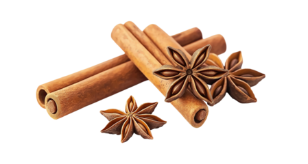 Delicious cinnamon sticks and star anise on transparent background, cutout, PNG format.