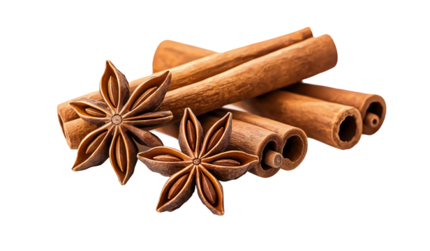 Delicious cinnamon sticks and star anise on transparent background, cutout, PNG format.