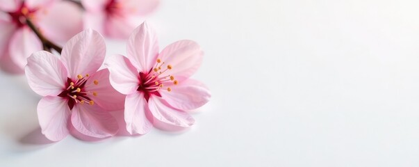 Small delicate pink cherry blossom on white surface, gentle, isolated