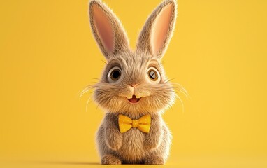 Obraz premium Fluffy bunny with oversized ears, wearing a tiny bowtie, on a pastel yellow background