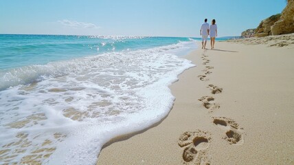 Couple walking along a serene beach with footprints in the sand under a clear blue sky.