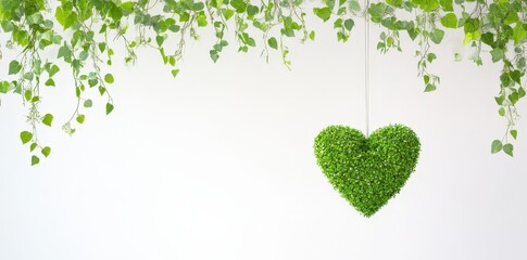 A heart-shaped decoration made of greenery hangs against a white background, surrounded by trailing vines, creating a fresh and natural aesthetic.