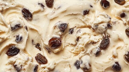 Creamy rum and raisin ice cream texture close up, top view
