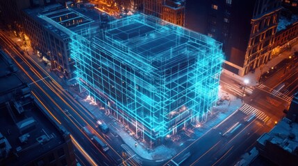 Obraz premium Nighttime city building blueprint overlay, architectural planning, urban development