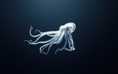 A digitally rendered octopus, seemingly translucent, floats against a dark blue background.  The octopus has a pixelated or low-poly appearance.  The lighting is dramatic, highlighting the creature