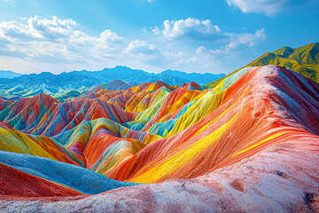 Vibrant Sunset Over Rainbow Mountain at Zhangye Danxia Geopark, Gansu, China