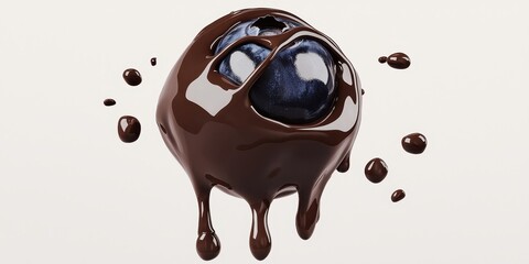 Flying chocolate-covered blueberry with melted chocolate drizzles, isolated on white